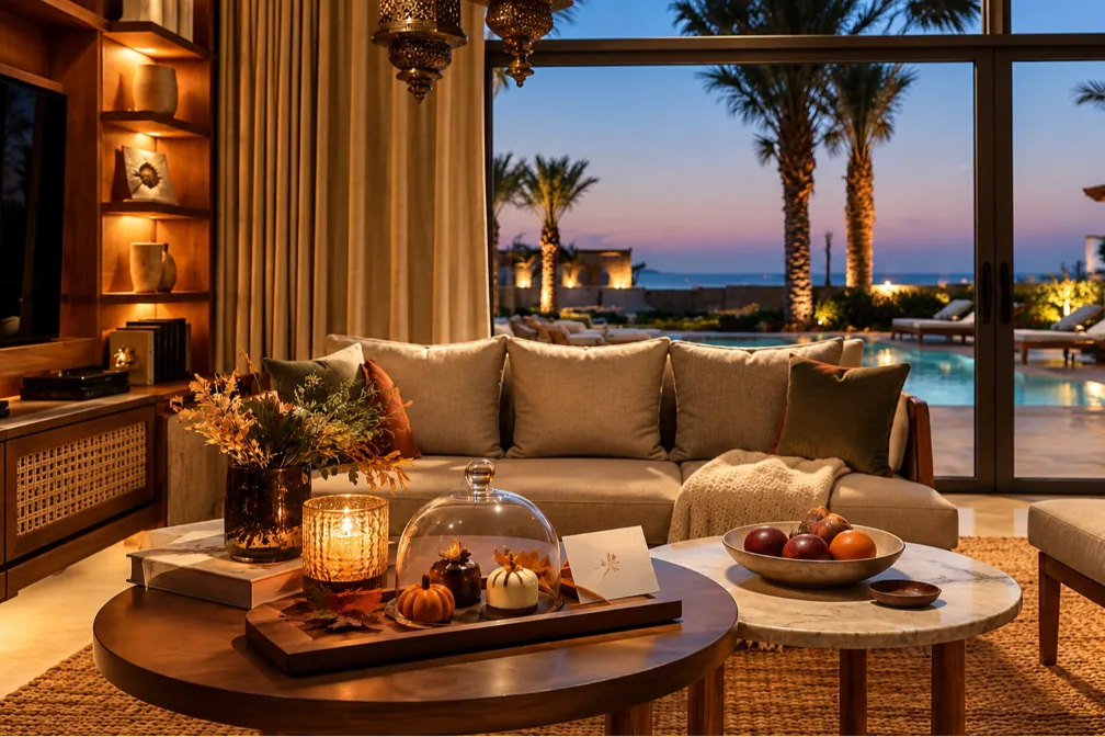 Warm villa lounge setting, supplied as event planning reference